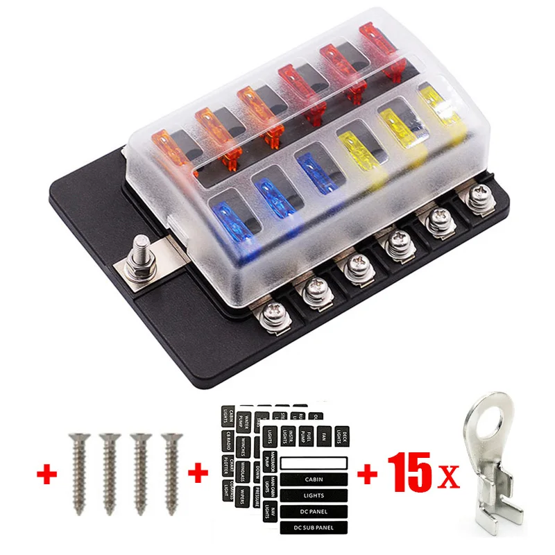 Universal Car 12 Ways Blade Fuse Box 6/8/10Way Terminal Block 12V 24V Fuse Holder Box Marine Auto Fuse Connector Switch With LED