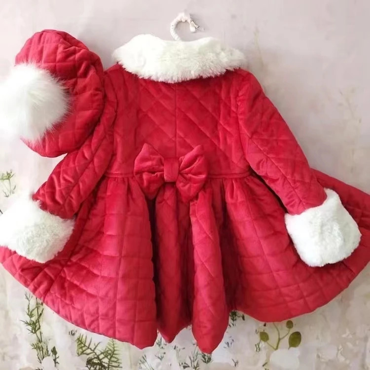 1-12Y Baby Girl Autumn Winter Handmand Customized Palace England Spanish Red Velvet Princess Wool Coat for Casual