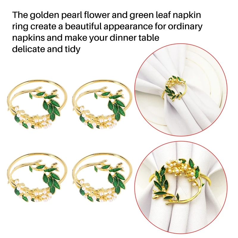 Napkin Ring Golden Pearl Flower Napkin Rings Set of 6 Metal Napkin Holder for Wedding Party Dinner Table Decoration