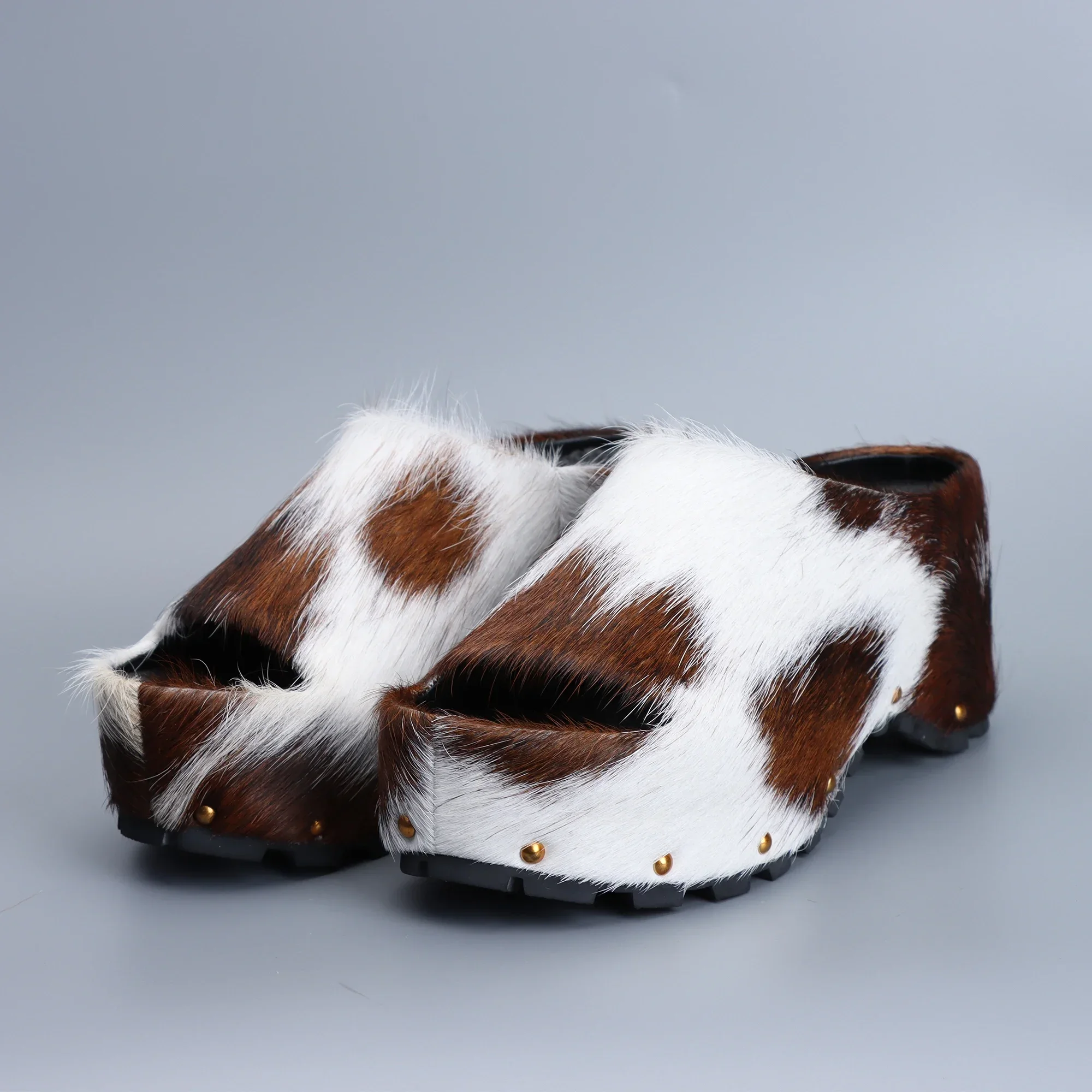 Hand made Designer Luxury Platform Mules Women Real fur Clogs Wedge Sandals Comfort Summer Shoes Woman 2025 High Quality
