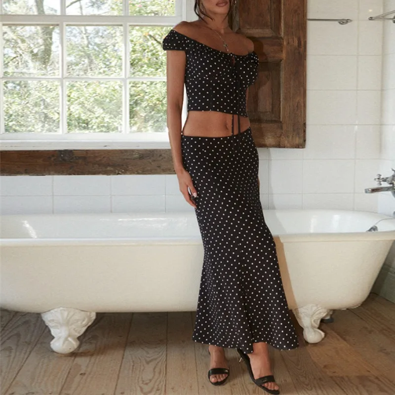 Dames Polka Dot Off Shoulder Slanke Top En Rok Set Damesmode Kleding Temperament Zomer Nieuw 2024 Dames Sexy Rokken Outfits