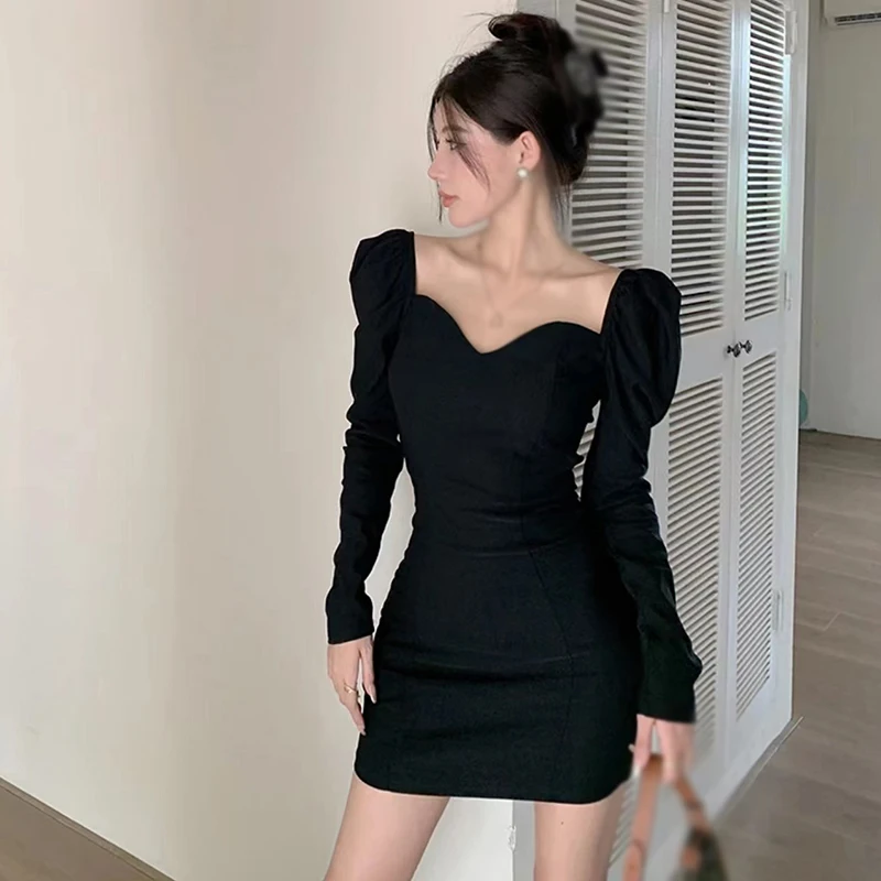 

Autumn Winter Women's Dress Solid Color Korean Version V Neck Slim Sexy Fashion Puff Long Sleeve Evening Part Dresses