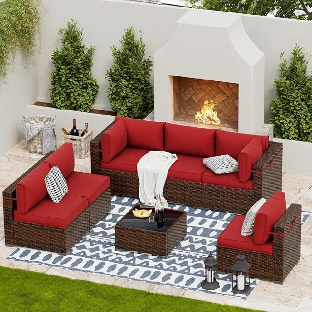 

7pc Patio Furniture Sets, Modular Rattan Outdoor Patio Sectional Furniture Sofa Set, Wicker Patio Conversation Set for Backyard
