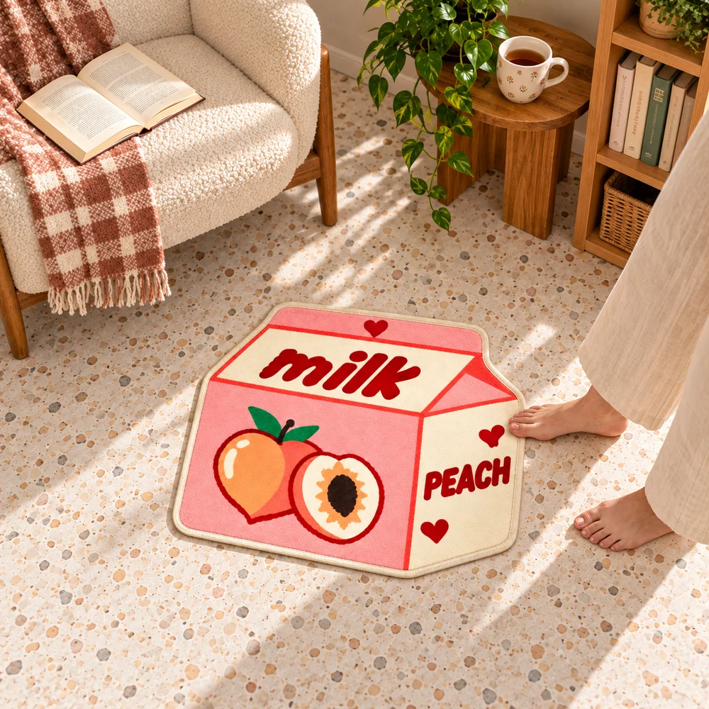 Pink Peach Milk Carton Shaped Area Rug, Sweet Fruit Flannel Irregular Floor Mat for Kitchen Bedroom Entryway Home Decor Gift