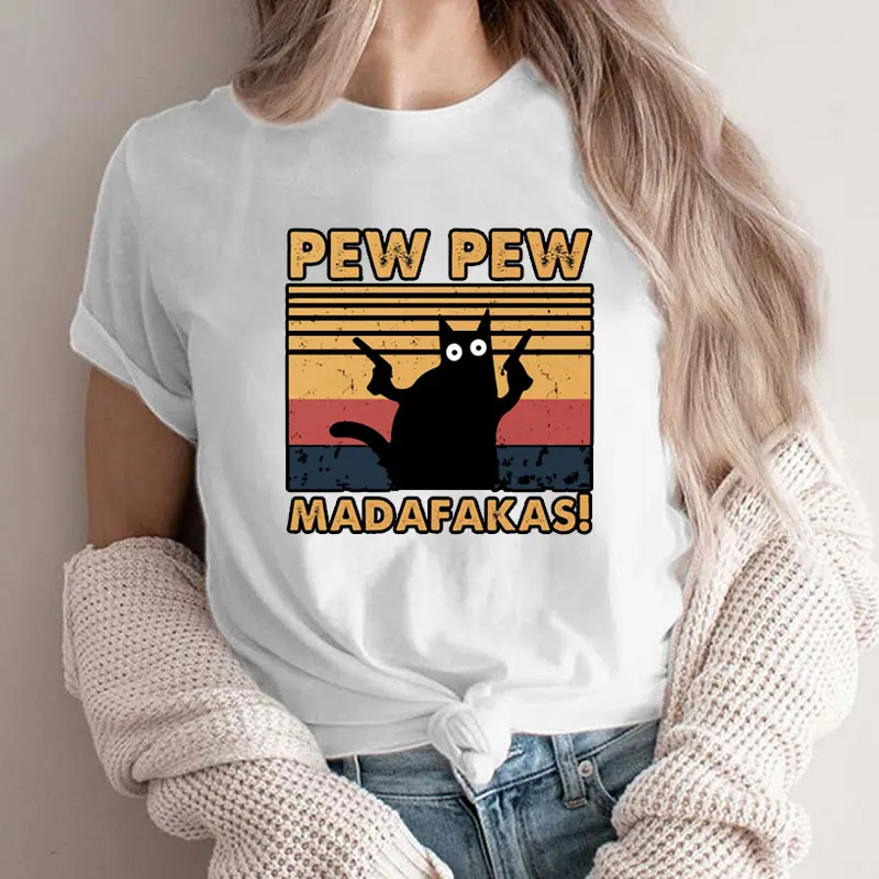 Cat Pew Pew Madafakas Grappig T-Shirt Meisje Kat Gangster Met Gun Meme Retro Humor Tops Tee Vrouwelijke Jaren 90 Bedrukte Vrijetijdskleding