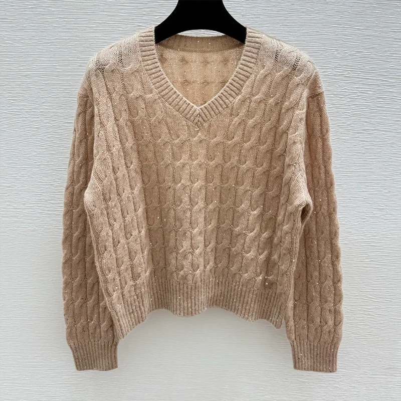 

High-quality women V-neck spiral-pattern pullover with small sequins and comfortable feel sweater 25916181