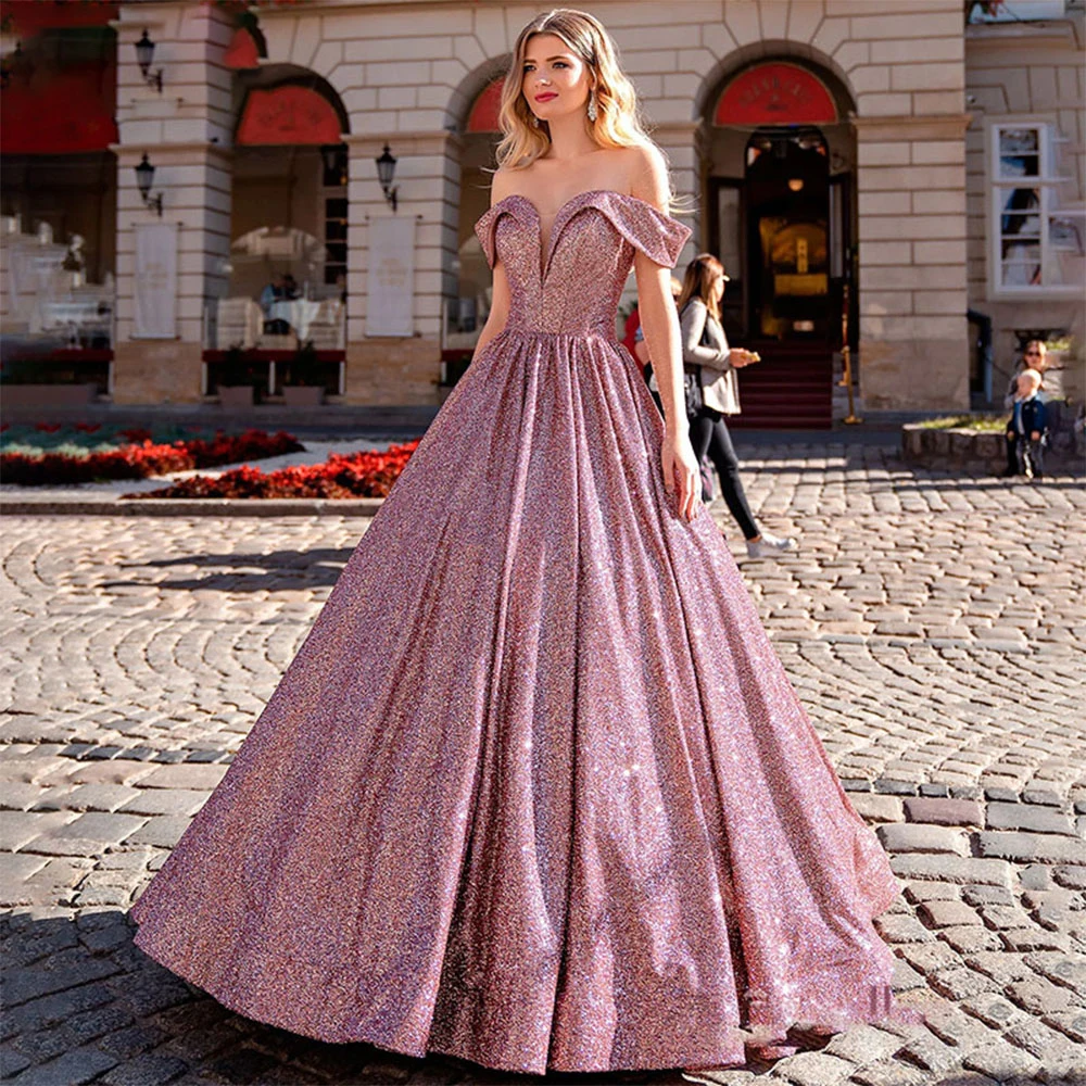 

Luxury Pink Simple Sparkling Sequin Off Shoulder Prom Dress A Line Deep V Neck Formal Evening Gowns Vestido De Graduación Custom