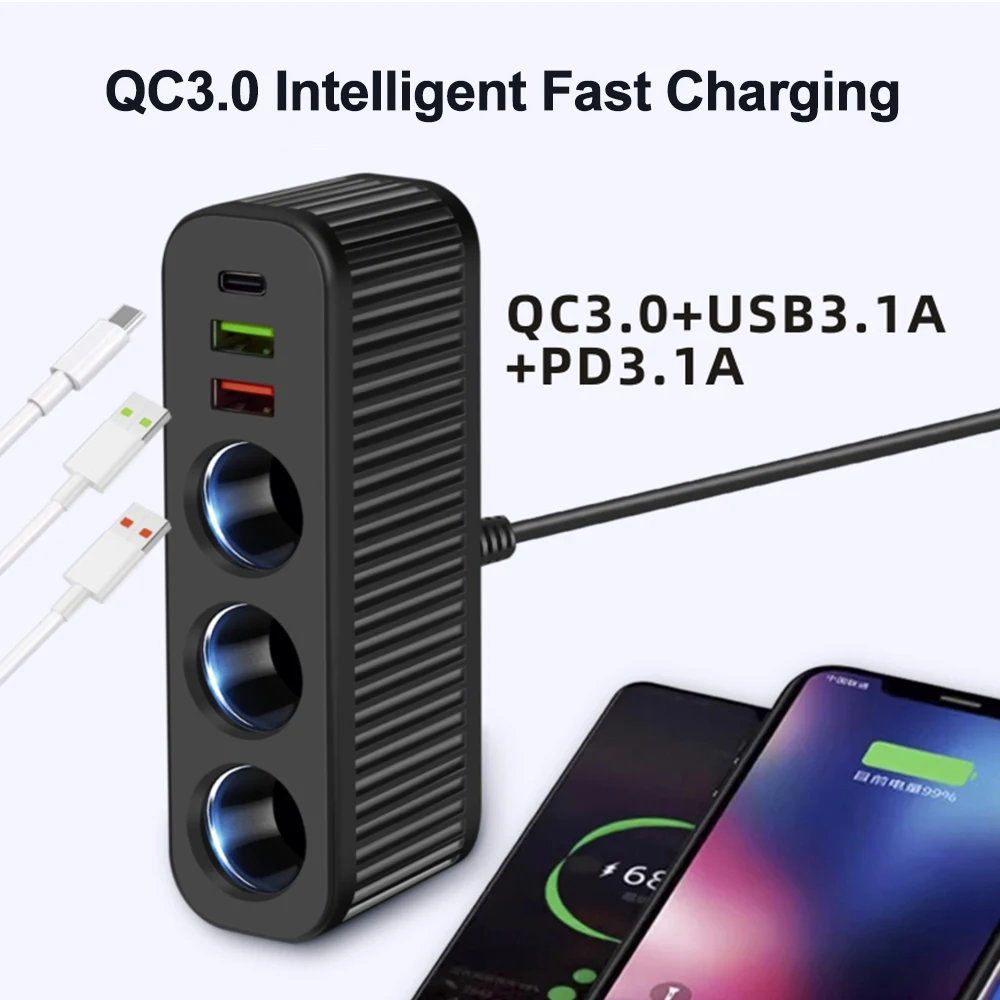 12V/24V Auto Zigarettenanzünder 120W Autoladegerät PD QC USB Schnellladung Netzteil Ladegerät Eins-zu-vier Multifunktionssteckdose – Detail 6