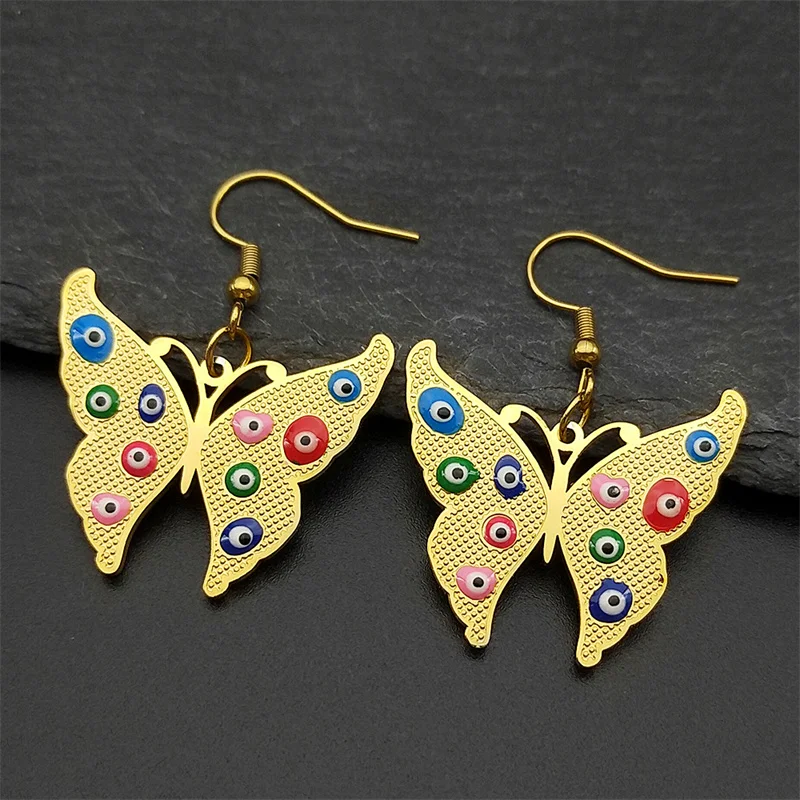 

Butterfly Evil Eyes Drop Earrings For Women Men Stainless Steel Gold Color Lucky Amulet Faith Female Earring Jewelry Gifts