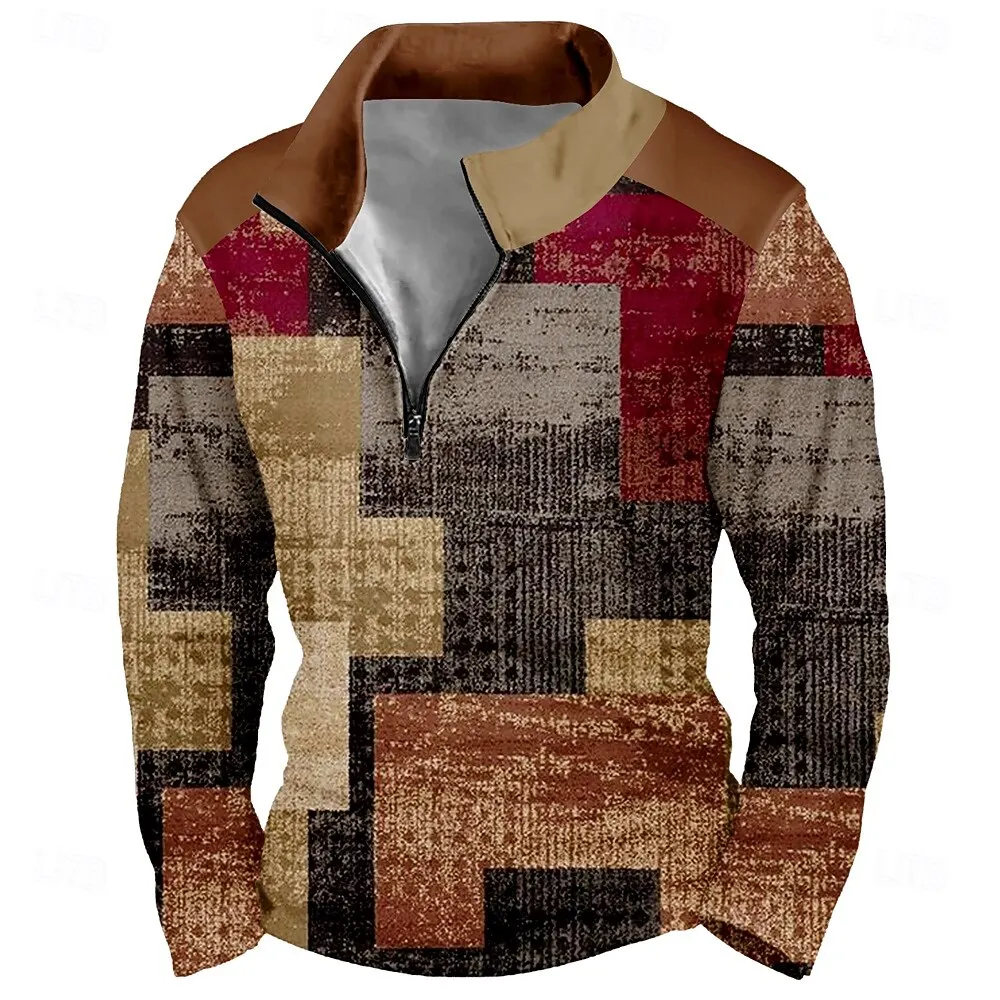 

3D Print Colorful Plaid Pattern Men's Zipper Sweatshirt Fashion Vintage Color Block Graphic Pullover Autumn Loose Casual Clothes