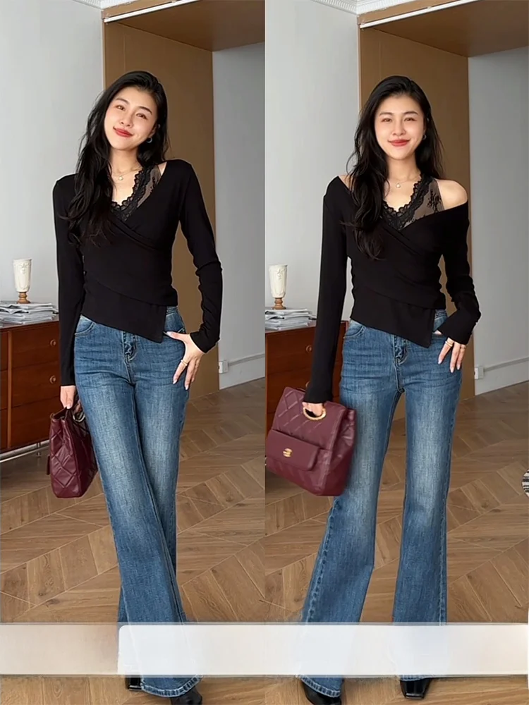 

Zhang a Xing Private Moment Lace Patchwork V-ne Boting Irregular Design Sense Top Flared Jeans Women's Faion Set