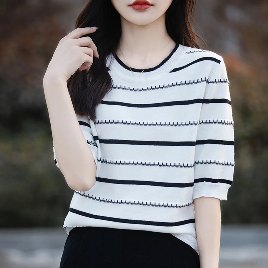 Stripe Spliced Half Sleeve Sweater Shirt For Women Summer O-Neck Casual Cotton Thin Pullover Tops Female All Match Tees Girl