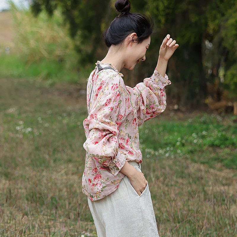 Women Long Sleeve Blouses Shirts New 2025 Spring Vintage Style Half High Collar Floral Print Loose Female Casual Tops M1350