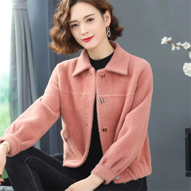 

Autumn Winter Ladies High-end Solid Color Cardigan Korean Female Fashion Faux Mink Fur Jacket 2025 Women Long Sleeves Outwear