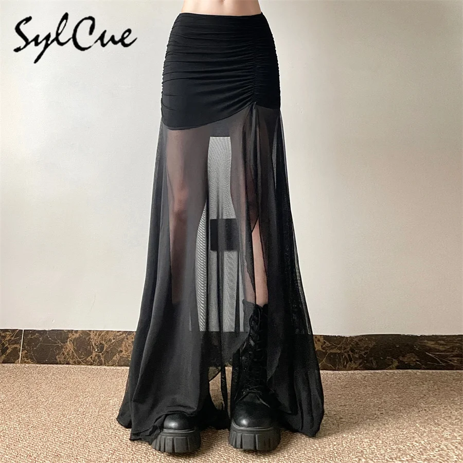 

Sylcue 2024, черная загадочная сексуальная перспективная популярная универсальная летняя модная крутая женская сетчатая юбка трапециевидной формы High Street