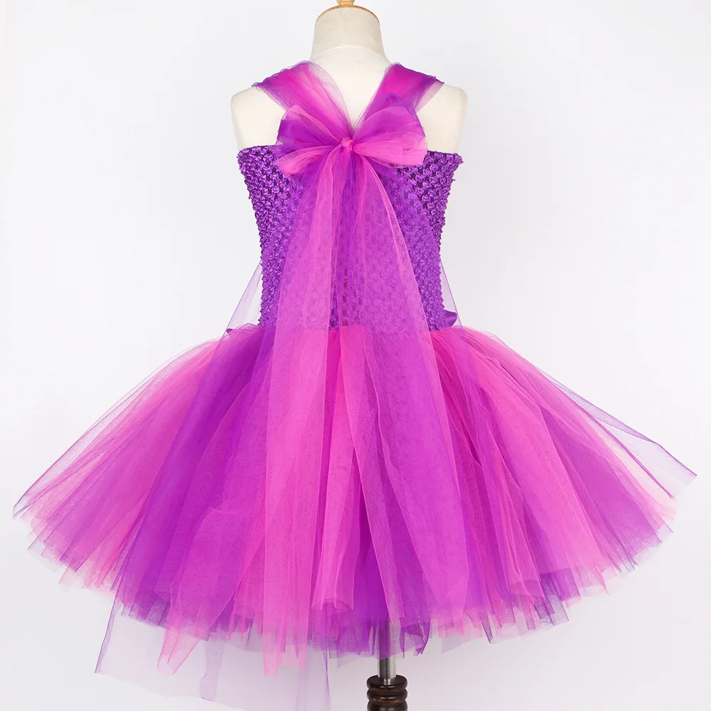 Halloween Pink&Purple Girls Cat Pattern Tutu Dress Kids Sheer Tulle Fluffy Princess Skirt Soft Mesh Long Dress With Lovely Print