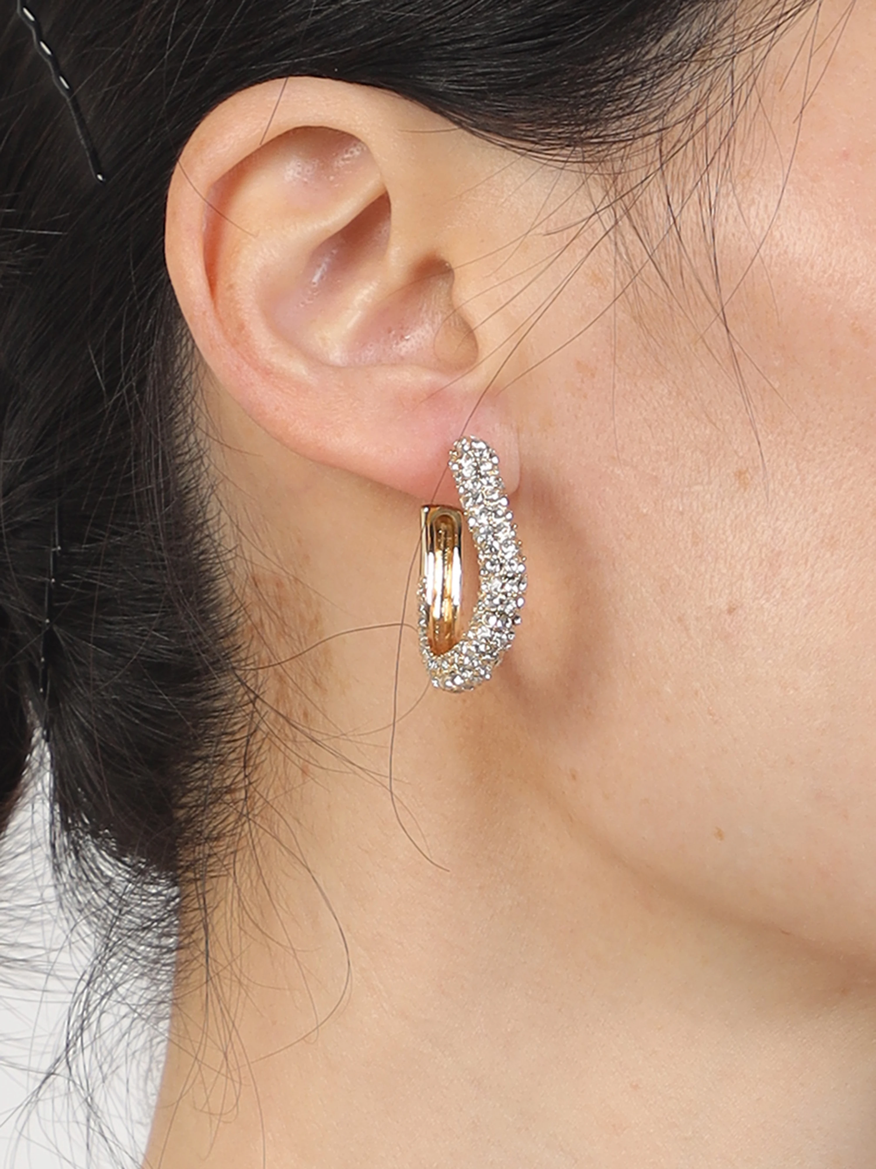 Gold Tone Open C Hoop Earrings Micro Pave Clear Rhinestone Curved Oval Chunky Statement Earrings Women Party Jewelry