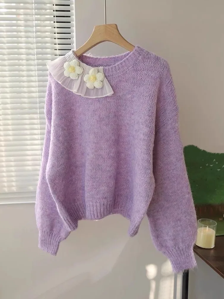 

Sweet Purple 3D Flower Sweater Women's Autumn Winter New Sle Korean System Aosphere Sense Knitted irt Upper Body