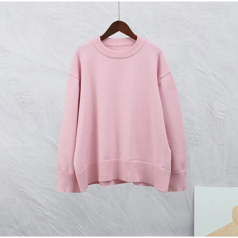 2024 Autumn and Winter New Europe and The United States Loose Pink Sweet Round Neck Casual Loose Knitted Pullover Sweater Woman