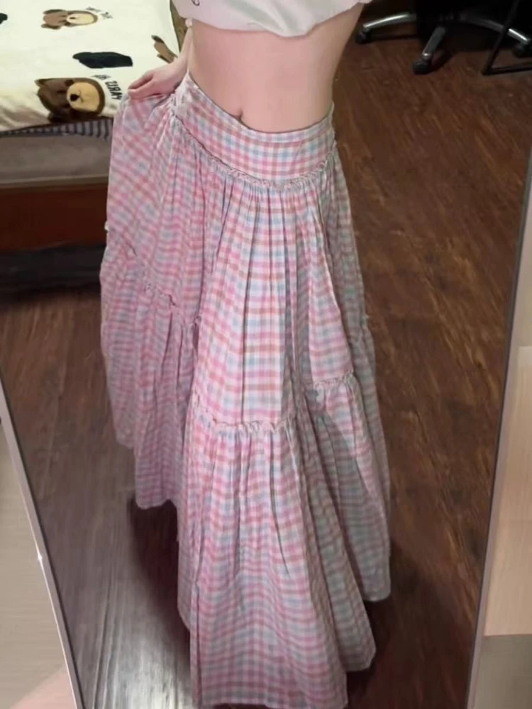 Sweet Lovely Pink Plaid A-Line Cake Half Skirts Women Y2k Casual Loose Fit Skirts Japanese Vintage Chic Mid-Length Skirts Summer