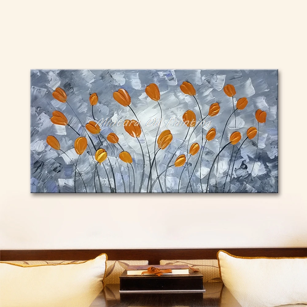 صورة جدار مينتورا لغرفة المعيشة لوحة زيتية على قماش مرسومة يدويًا زيت سميك دهانات سميكة زهور صفراء جدار الفن ، بدون إطار