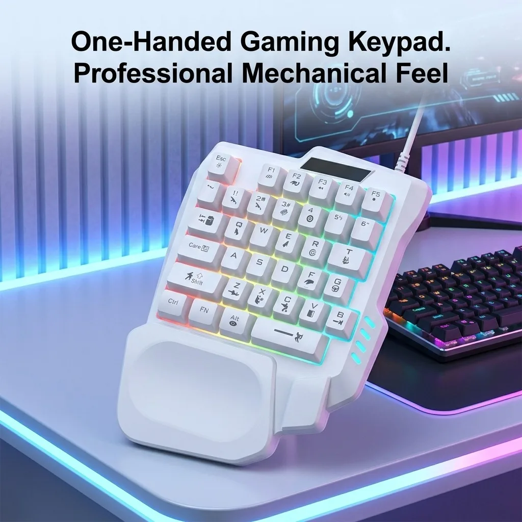 One-Handed Gaming Keyboard, Mechanical Feel RGB Backlit Mini Left Hand Keypad with Ergonomic Wrist Rest for PC Laptop Gamer, Portable 35 Keys Small Game Controller for FPS PUBG Games (White)