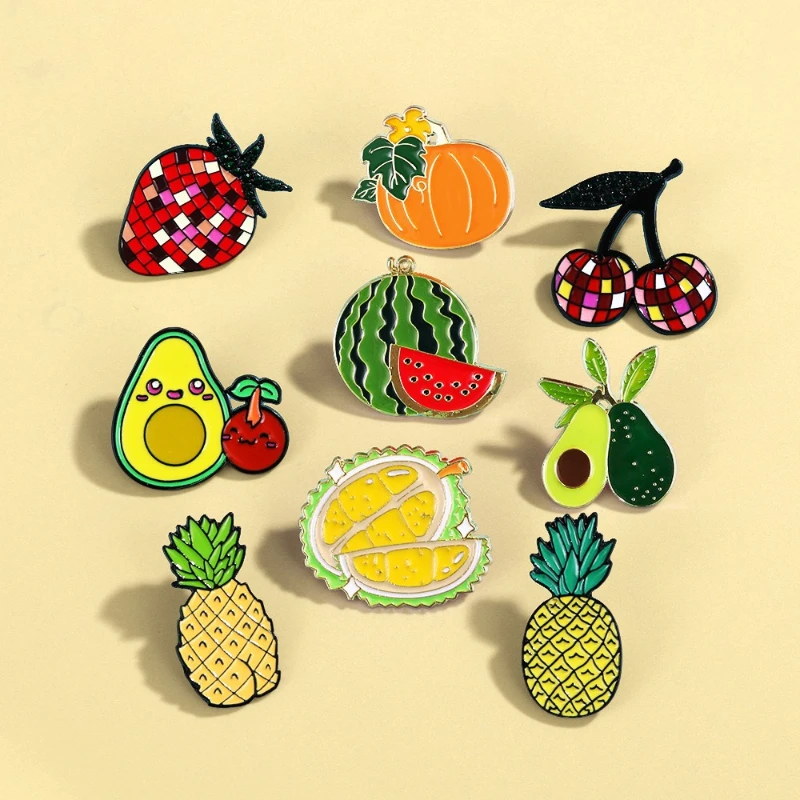 

Creative Fruit Theme Brooch Cute Pineapple Avocado Strawberry Watermelon Cherry Pumpkin Design Alloy Pin Badge For Clothes Bag
