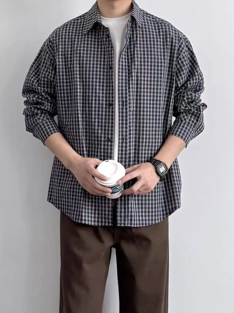 

Retro Japanese Sle Cotton Plaid Long Sve irt Casual Loose Fit Spring Autumn Men's Clothing Classic Button down Coat