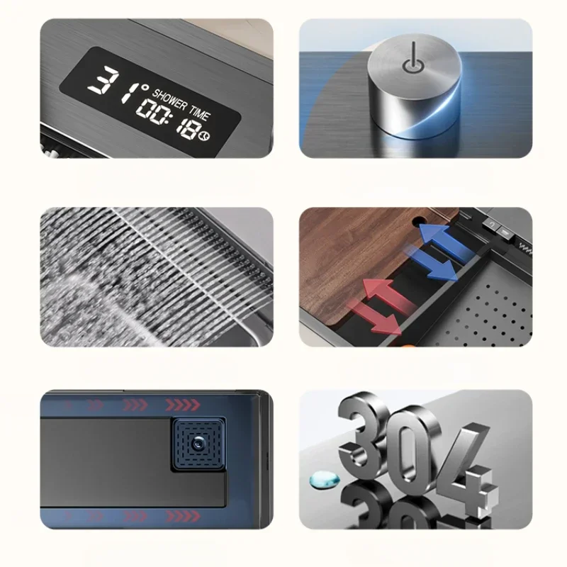 Smart Digital Display Stainless Steel Kitchen Sink Multifunctional Waterfall Large Single Slot Gourmet Faucet Set Washing Pool