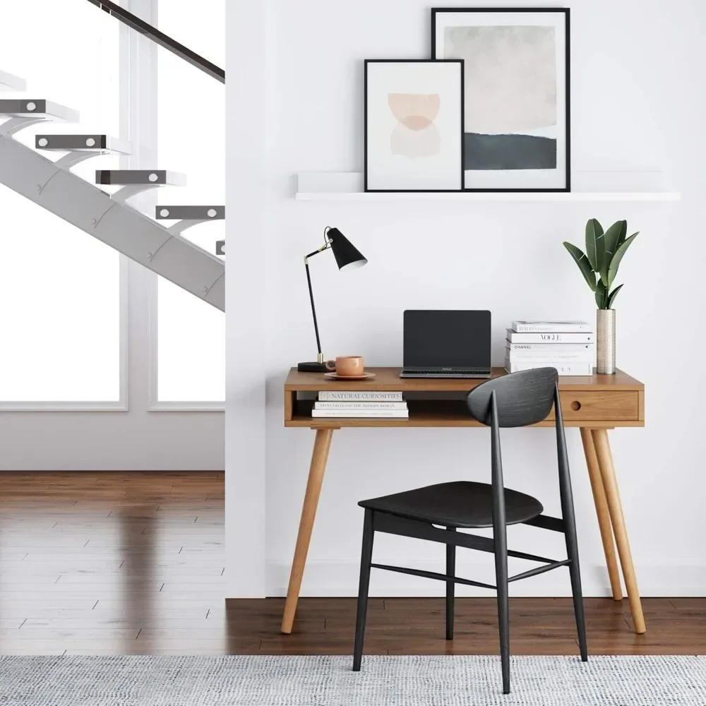 Computer or Laptop Desk with Open Storage Cubby and Small Drawer, Walnut