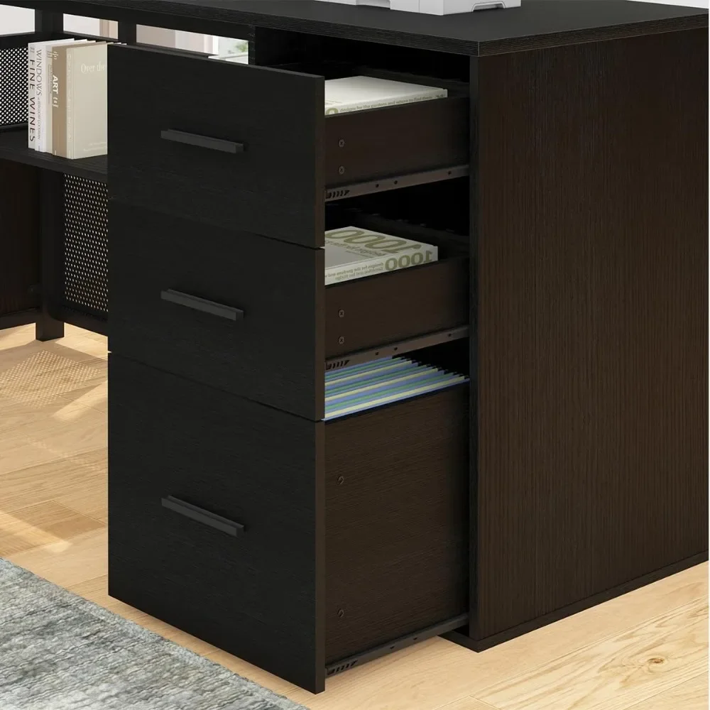 Black L Shaped Desk with File Drawers Shelves, Reversible Corner Metal Wood Computer Desk with Storage Cabinet