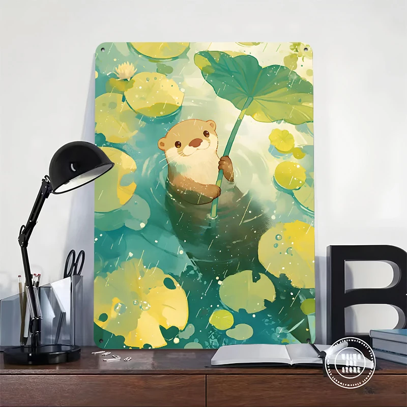 Otter in the Rain With Lilypad Metal Poster Customized Wall Art Retro Vintage Metal Signs for Man Cave Luxury Decoration Room