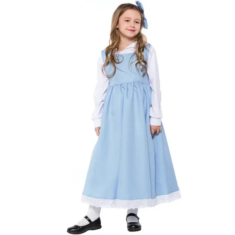 Deluxe Child Beauty And The Beast Belle Maid Cosplay Costume Girl Servant French Halloween Purim Book Week Fancy Dress IA2361