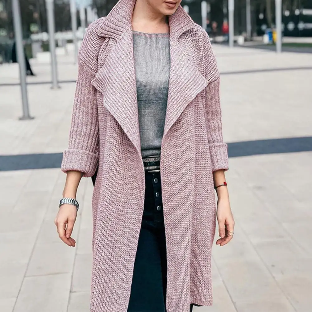 Women Trench Coat Overcoat Solid Lapel Long Sleeve Knitting Jacket Autumn Winter Mid Length Cardigan Windbreaker Streetwear