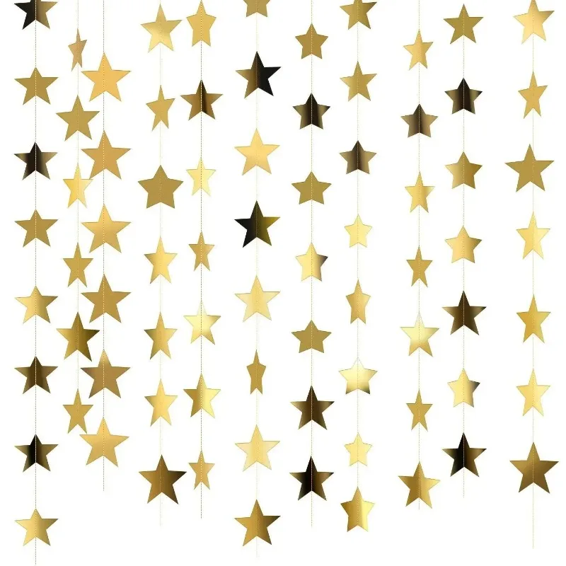 4M Bright Gold Silver Paper Garland Star String Banners Wedding Banner for Party Home Wall Hanging Decoration DIY Decor