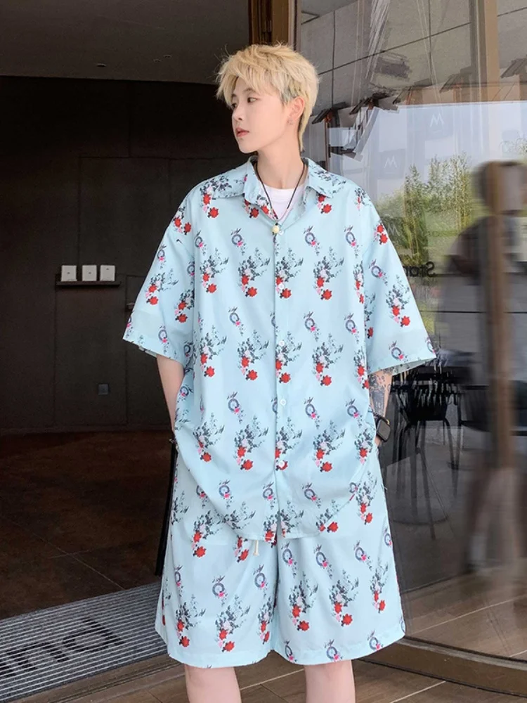 

Hawaii Beach Set Men Summer Thin Ice Silk Short Sleeve Shirt Handsome Style Beach Vacation Floral Shirt One Set Ice Sensation