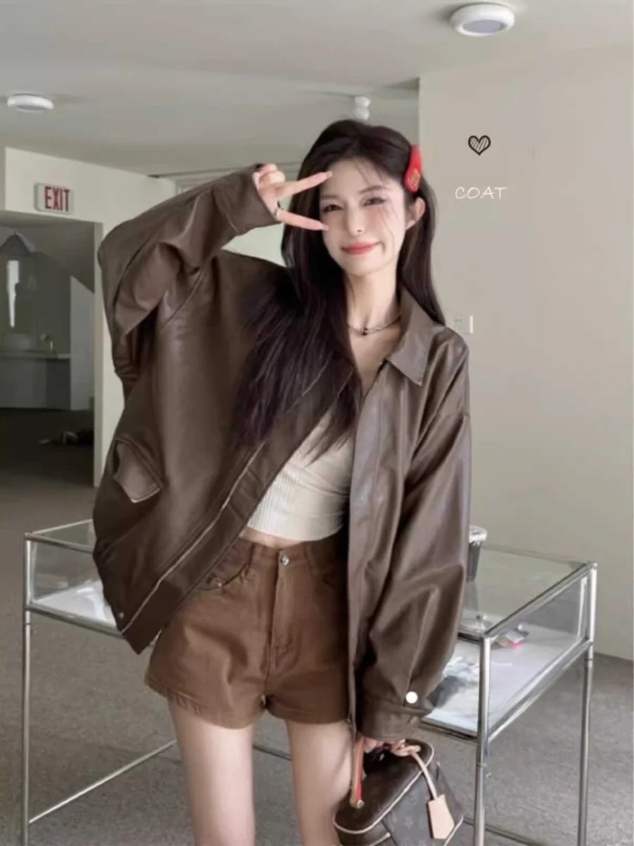 

Black Biker Short Leather Jacket Women's Spring Autumn 2026 New Style Men's Small Size Commuter Zipper Design Long Sleeve Pol...