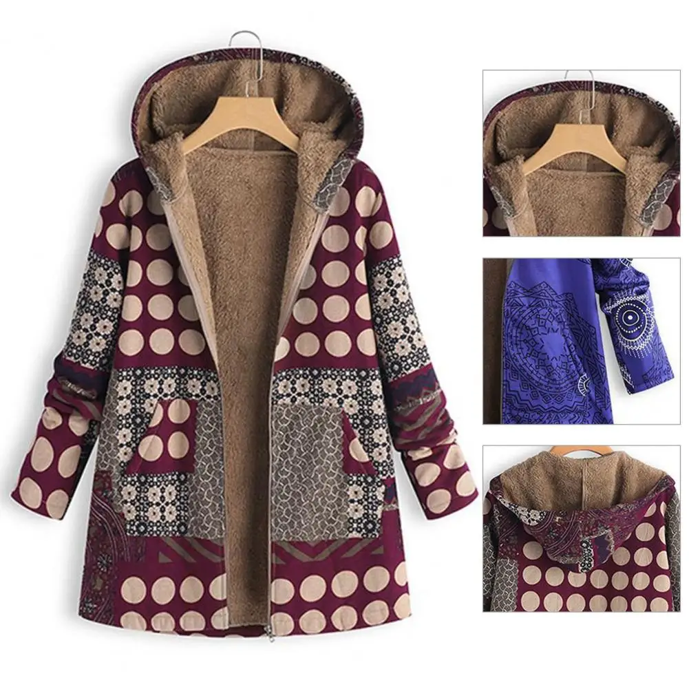 Women Hooded Coat Unique Printing Loose Ladies Coat Vintage Anti-pilling Mid-length Jacket Coat For Winter