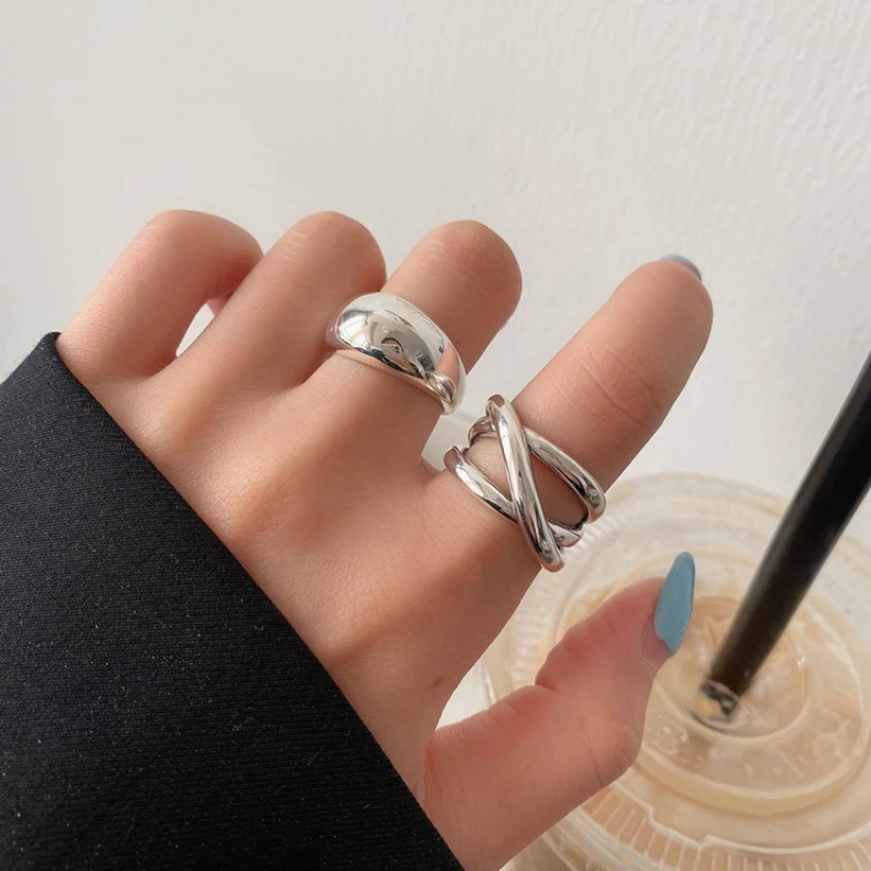 Fashion Simple Silver Color Waterdrop Rings For Women Retro Glossy Line Cross Opening Index Ring Jewelry Accessories Wholesale