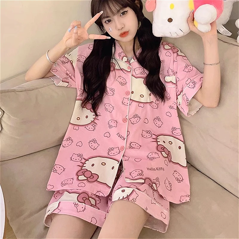 

Kawaii Girls Pajamas Set Cute Cartoon Hello Kitty Nightgown Loose Soft Tops Short Sleeve Sweet Women's Clothes Summer Sleepwear