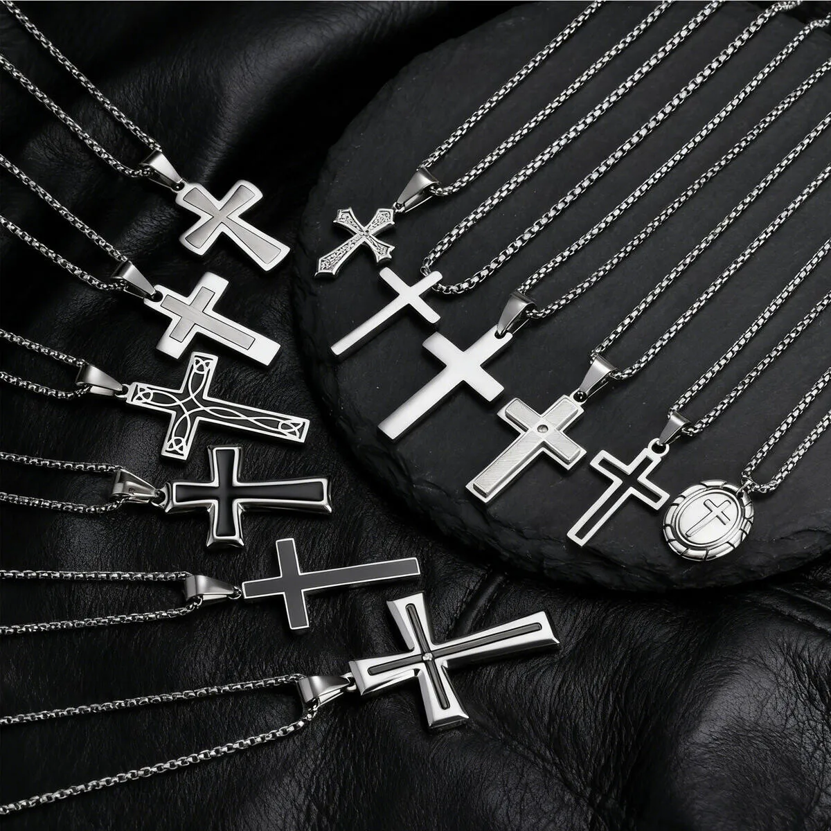 قلادة متقاطعة أساسية للرجال والأولاد، قلادة متقاطعة من الفولاذ المقاوم للصدأ مع سلسلة صندوق 50/55/60 سم، هدية الذكرى السنوية لعيد الميلاد #1