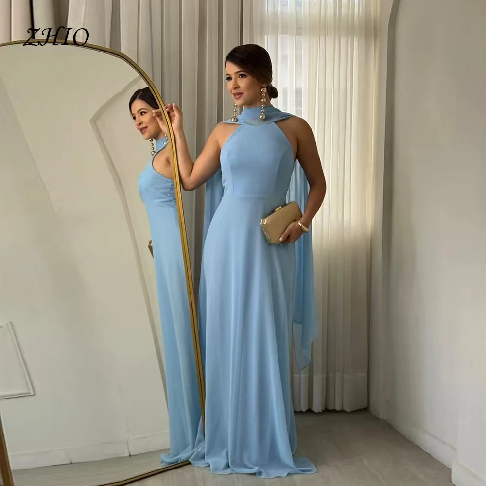 

ZHIO Elegant Blue Evening Dress Halter Sleeveless Prom Gown Floor Length Scarf Formal Occasion Wedding Party Dresses Custom Boho