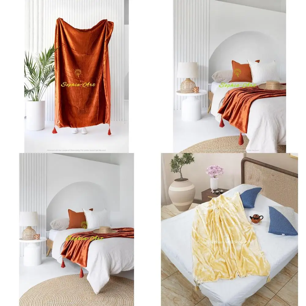 

Luxury Crushed Velvet Throw Blanket Tassels Sofa Bed Soft Boho Warm Cozy Plush Lightweight Pet-Friendly