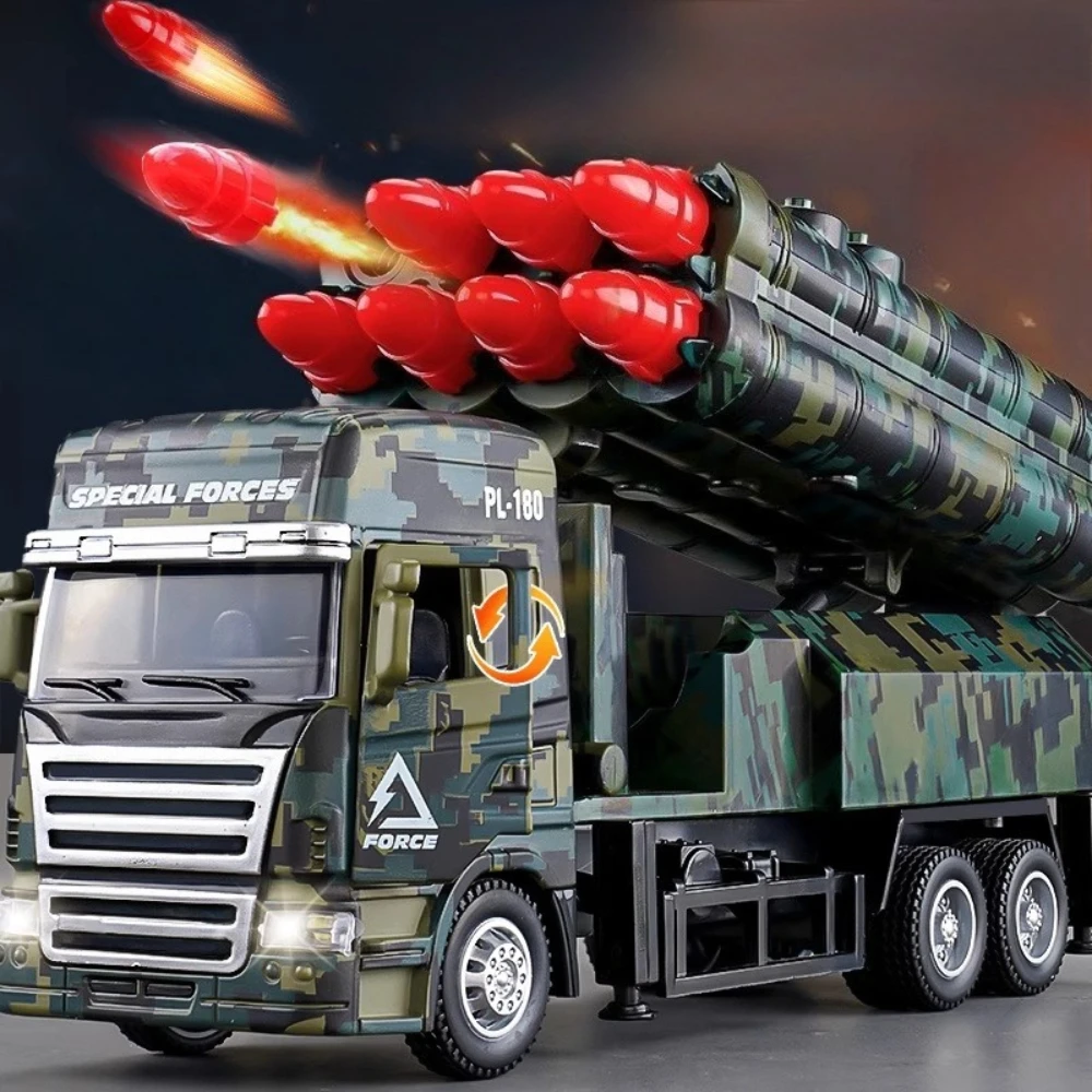 1:32 Missile Rocket Launcher Miniature Model Car Toy Diecast Alloy Body Doors Opened Sound Light Pull Back Vehicle Gifts for Boy