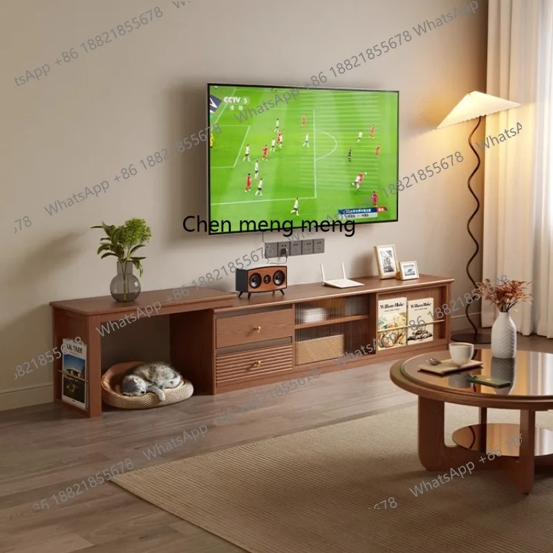 

Solid wood telescopic TV cabinet Home living room antique floor retro black walnut TV cabinet