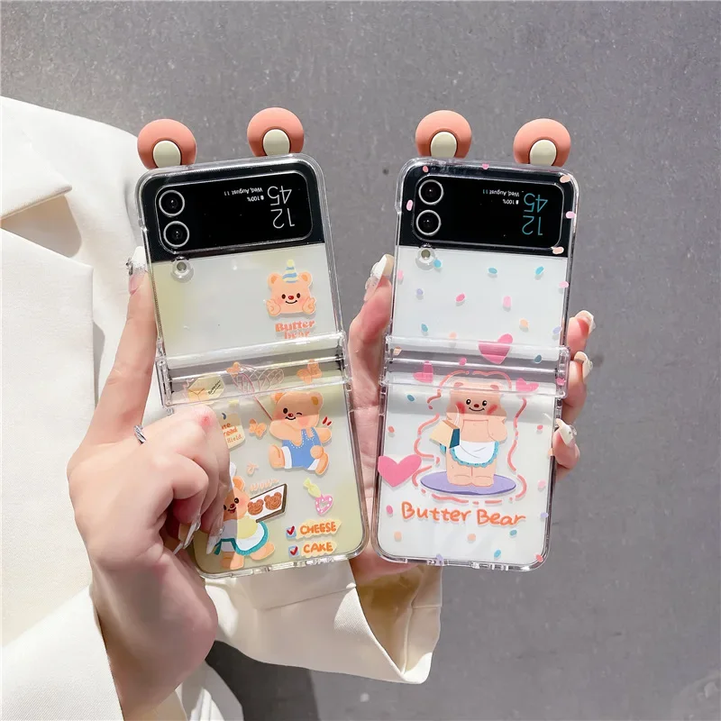 Cartoon Cute Butter Bear Phone Case for Samsung Galaxy Z Flip6 4 3 Hard Cover for ZFlip3 Zflip4 Zflip5 Solid Shell Bracket