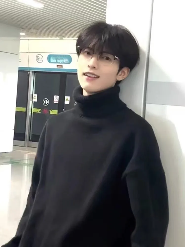 

Men's High Collar Fce Lined Knitted Sweater Thi Lazy Sle Inner irt High End Feeling Haome Knit Sweatirt