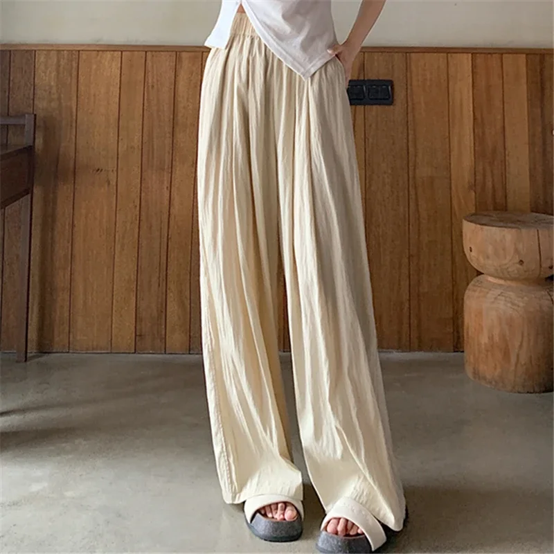 Seoulish Ice Silk Pleated Women's Trousers Summer High Waist Draping Casual Loose Full Length Wide Leg Pants Female 2024 New