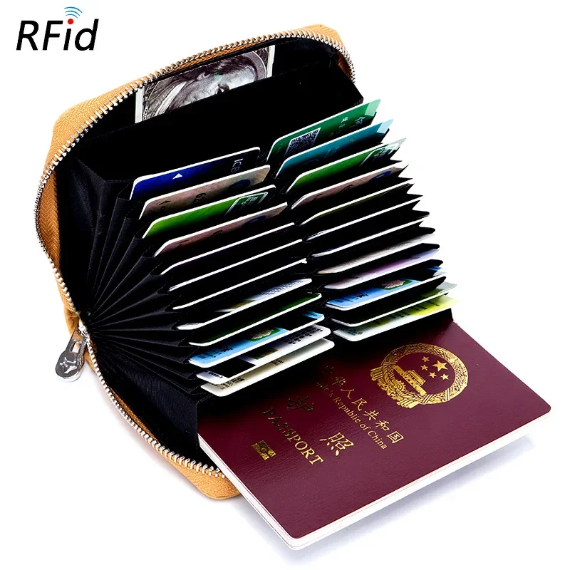 Large Capacity Fashion Women RFID Protection Credit Card Holder Genuine Leather 24 Card Case Pasport Cover Coin Pocket Wallet