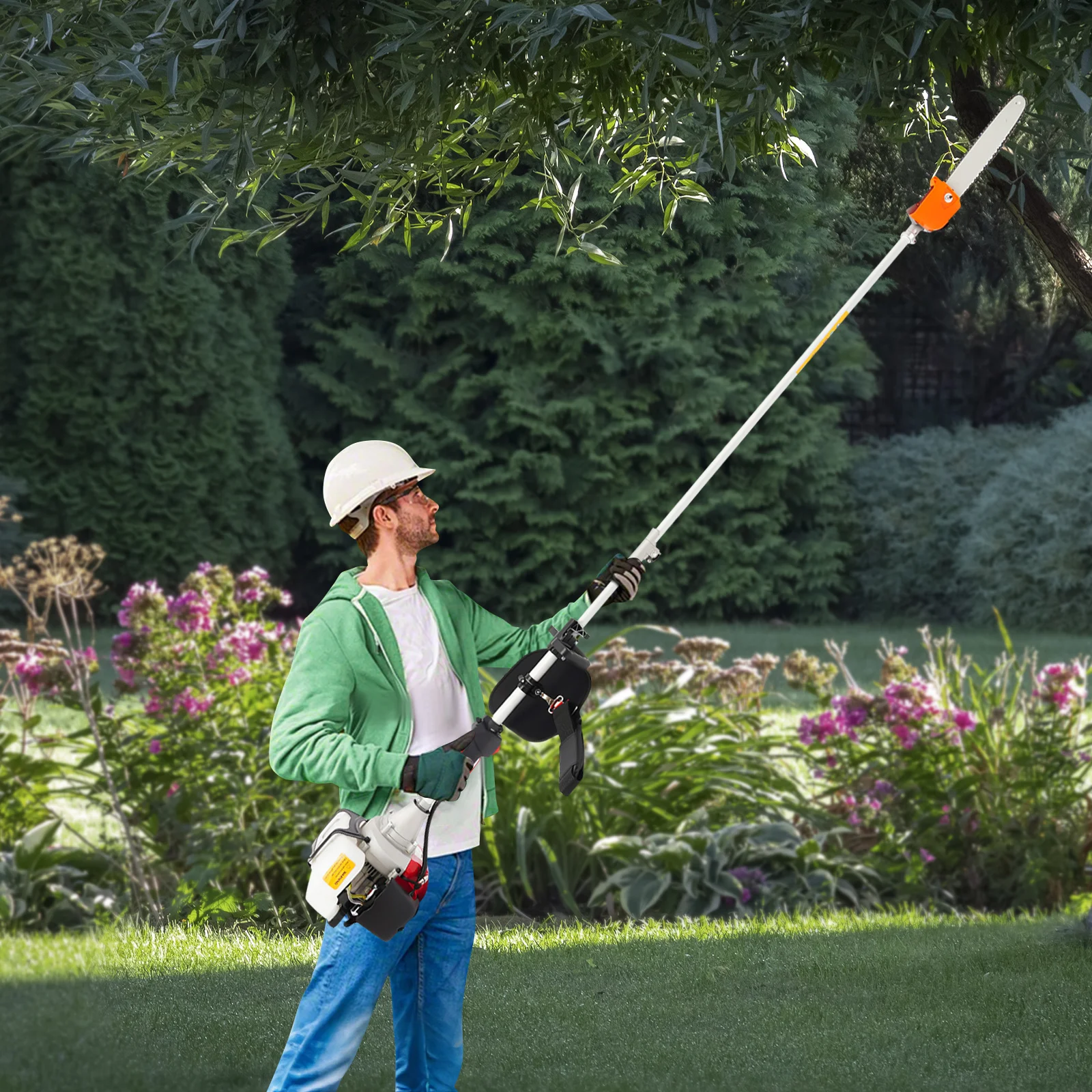 

Long Pruning Chain Saw, 43cc Gasoline Pole Saw, Red Telescopic Tree Branch Pruner 2.4-3.5m, for Garden Park Tree Trimming